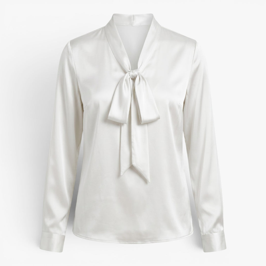 Damen elegante Satin-Bluse mit Bindekragen und langen Ärmeln