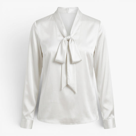 Damen elegante Satin-Bluse mit Bindekragen und langen Ärmeln