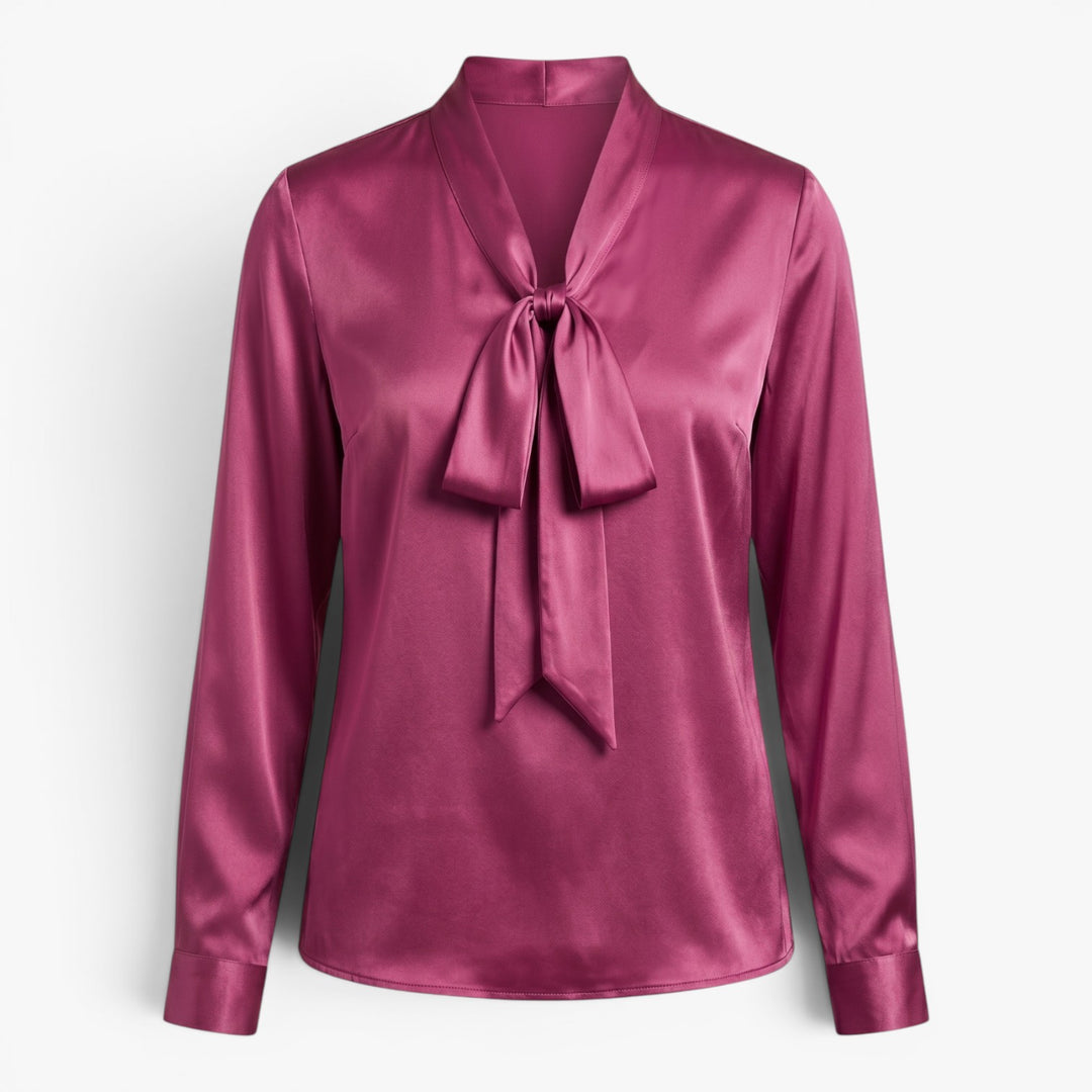 Damen elegante Satin-Bluse mit Bindekragen und langen Ärmeln