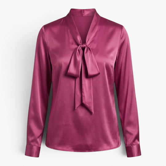 Damen elegante Satin-Bluse mit Bindekragen und langen Ärmeln