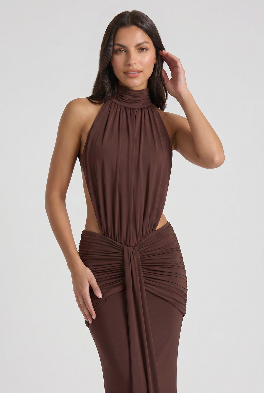 Women's High Neck Cut Out Ruched Maxi Dress