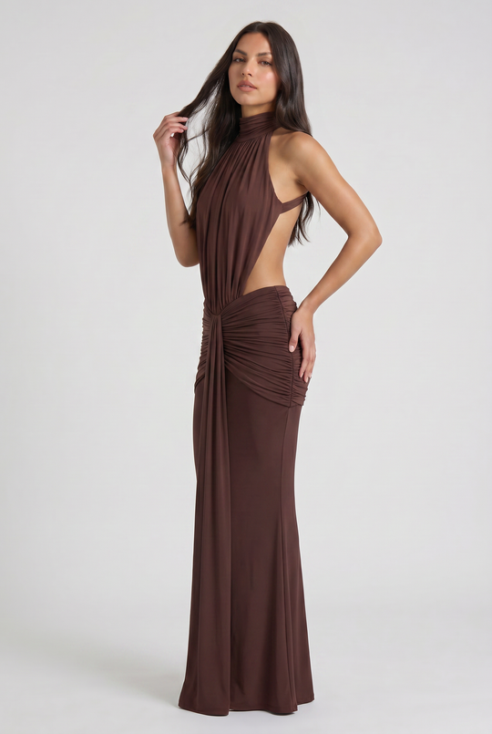 Women's High Neck Cut Out Ruched Maxi Dress