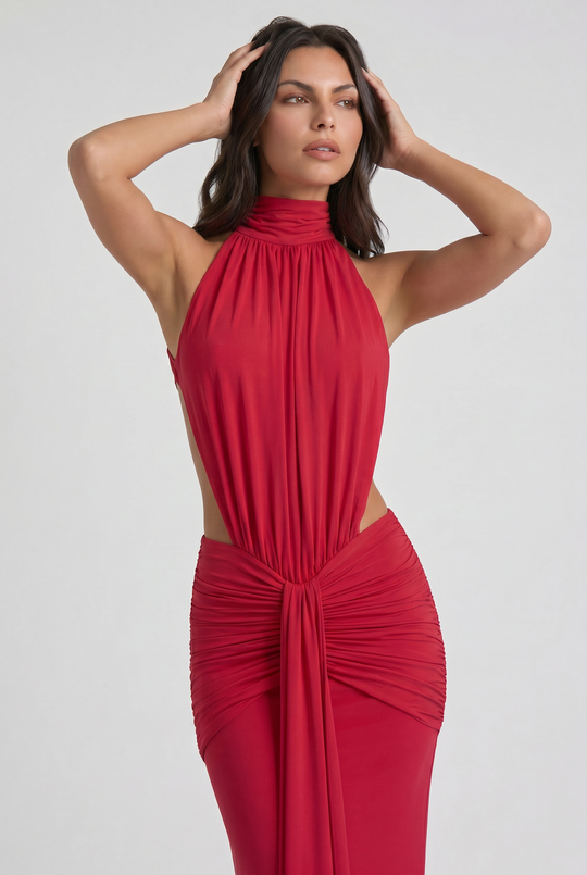 Women's High Neck Cut Out Ruched Maxi Dress