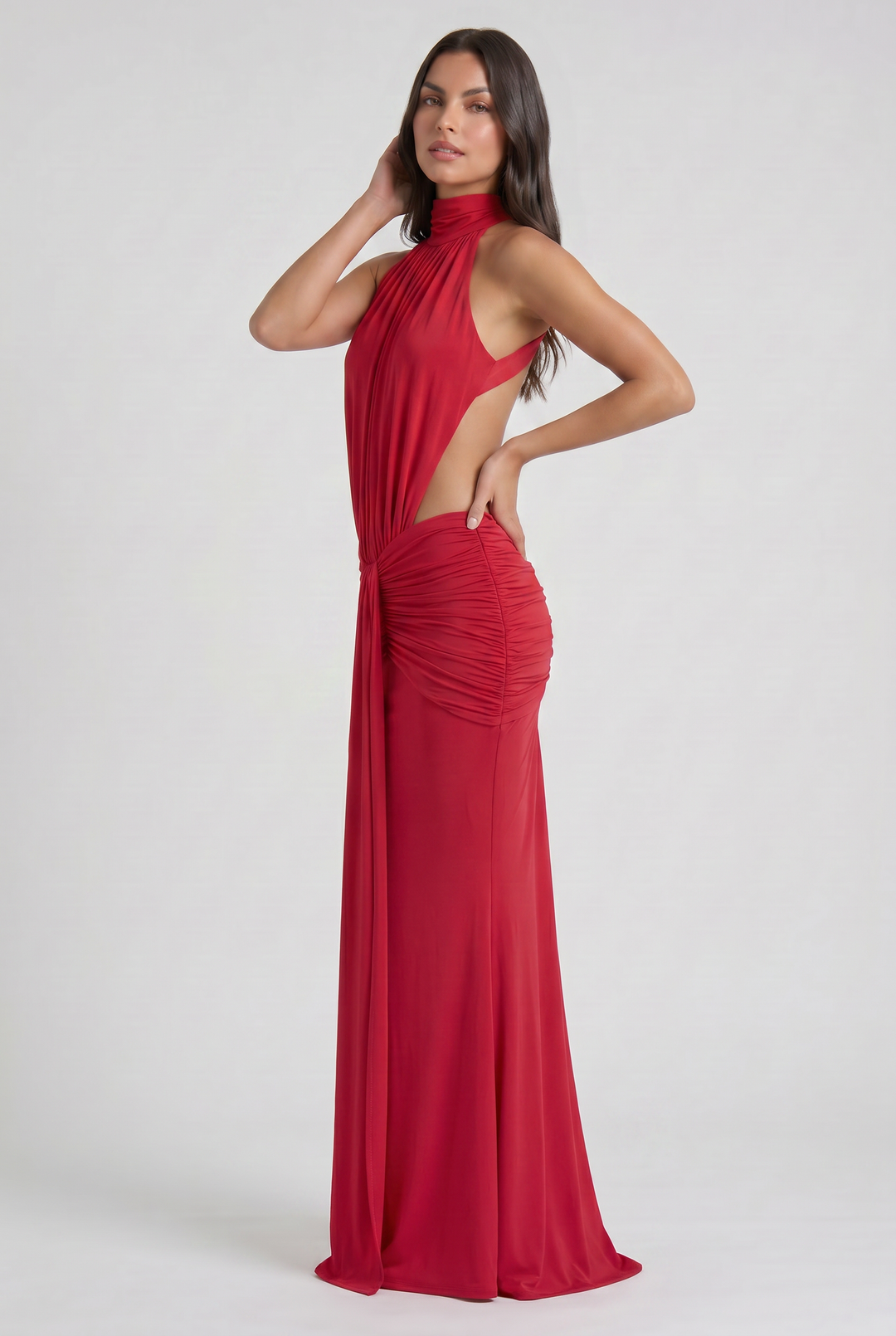Women's High Neck Cut Out Ruched Maxi Dress