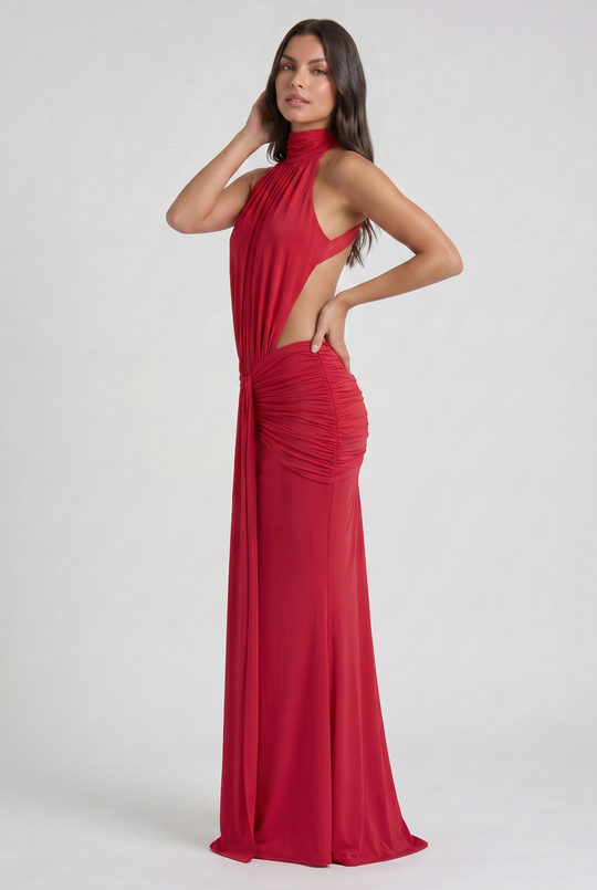 Women's High Neck Cut Out Ruched Maxi Dress