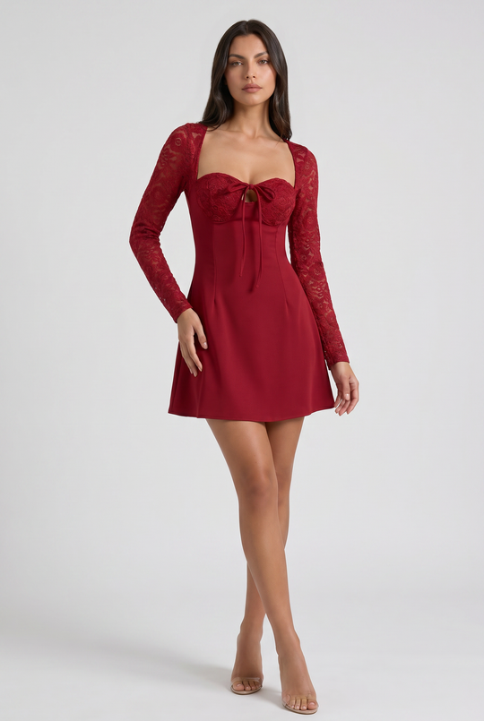 Women's Lace Long Sleeve Mini Dress with Sweetheart Neckline for Parties