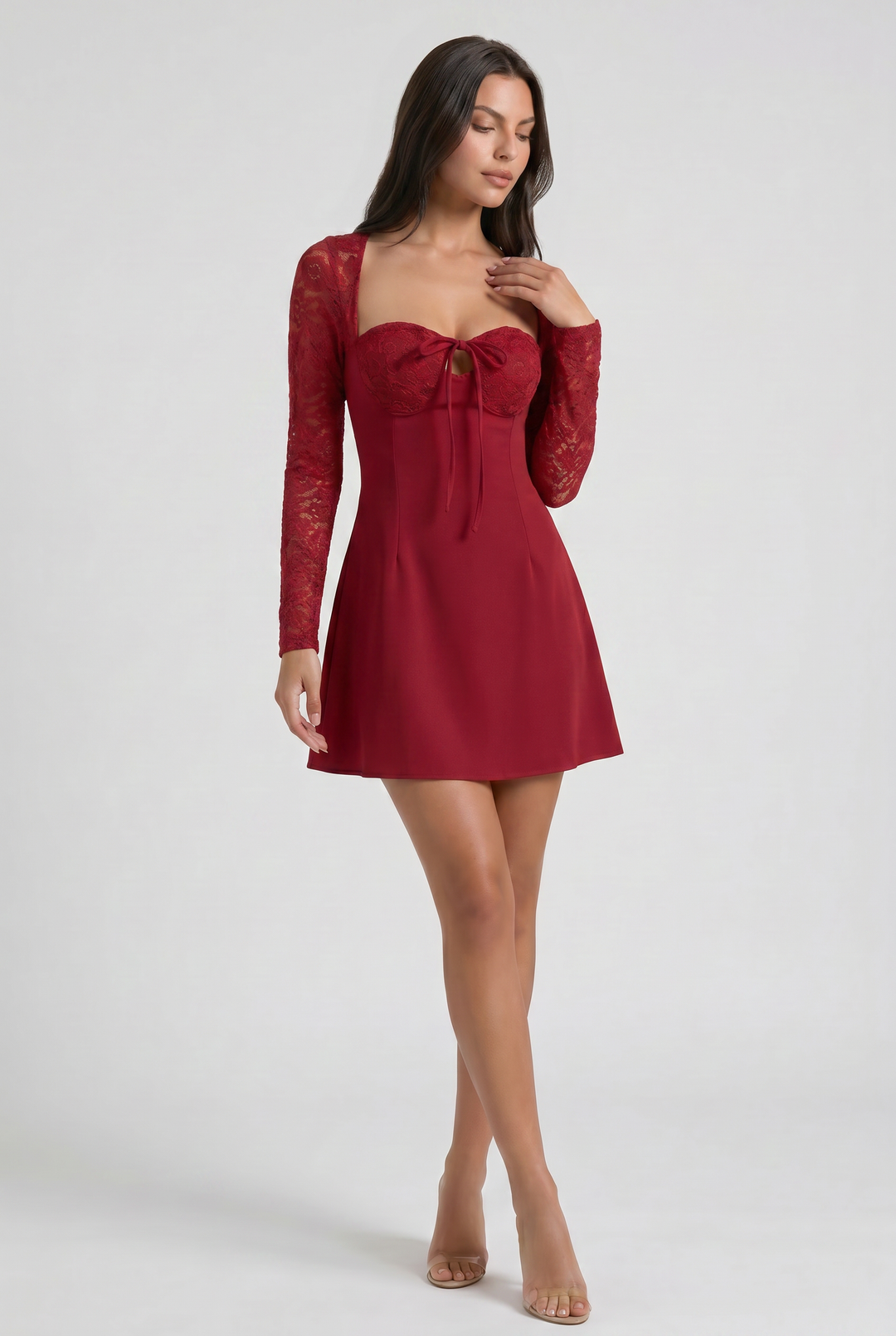 Women's Lace Long Sleeve Mini Dress with Sweetheart Neckline for Parties