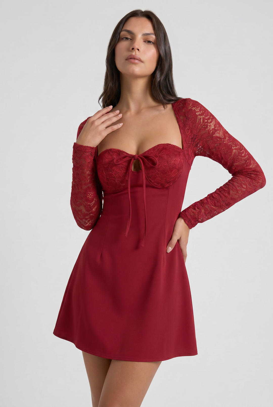 Women's Lace Long Sleeve Mini Dress with Sweetheart Neckline for Parties