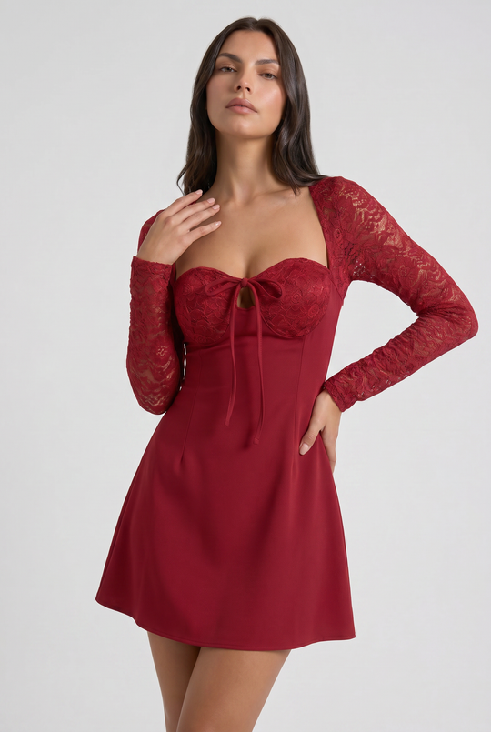 Women's Lace Long Sleeve Mini Dress with Sweetheart Neckline for Parties