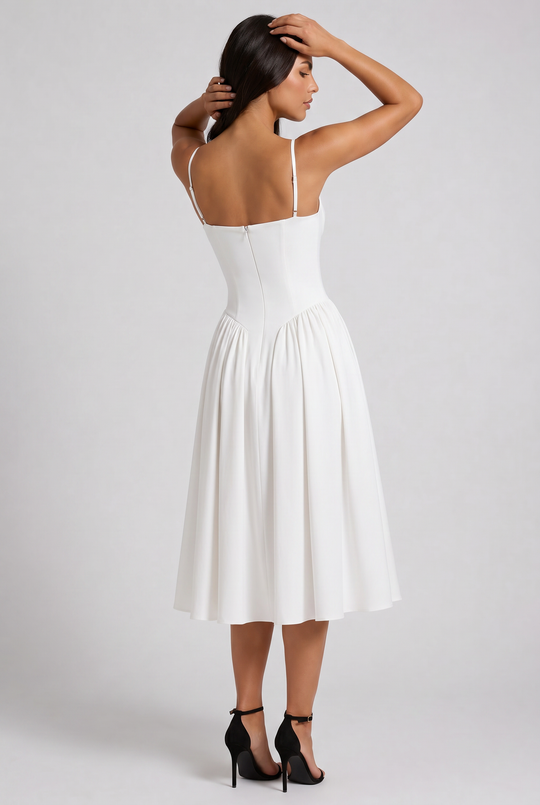 Women's Sweetheart Neck Midi Dress with Fitted Bodice for Elegant Occasions