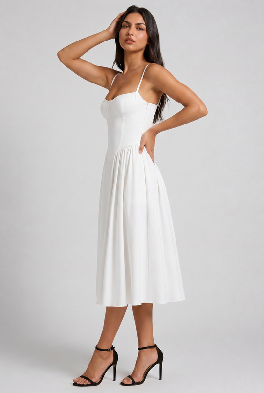 Women's Sweetheart Neck Midi Dress with Fitted Bodice for Elegant Occasions