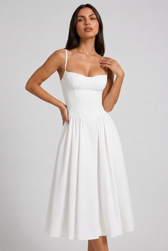 Women's Sweetheart Neck Midi Dress with Fitted Bodice for Elegant Occasions