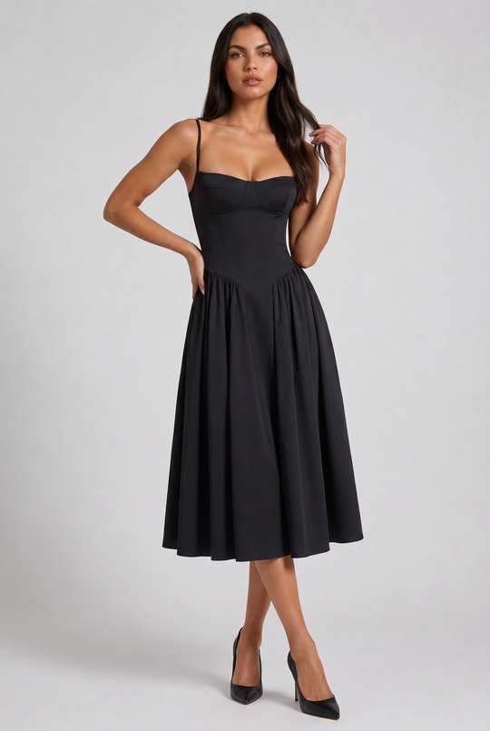 Women's Sweetheart Neck Midi Dress with Fitted Bodice for Elegant Occasions