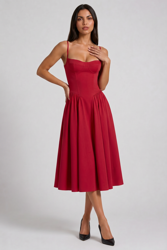 Women's Sweetheart Neck Midi Dress with Fitted Bodice for Elegant Occasions