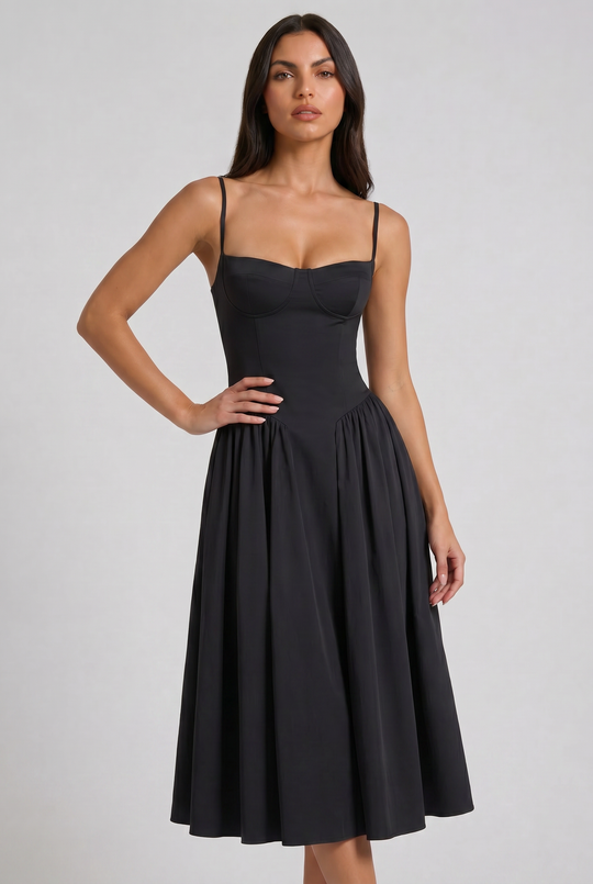 Women's Sweetheart Neck Midi Dress with Fitted Bodice for Elegant Occasions