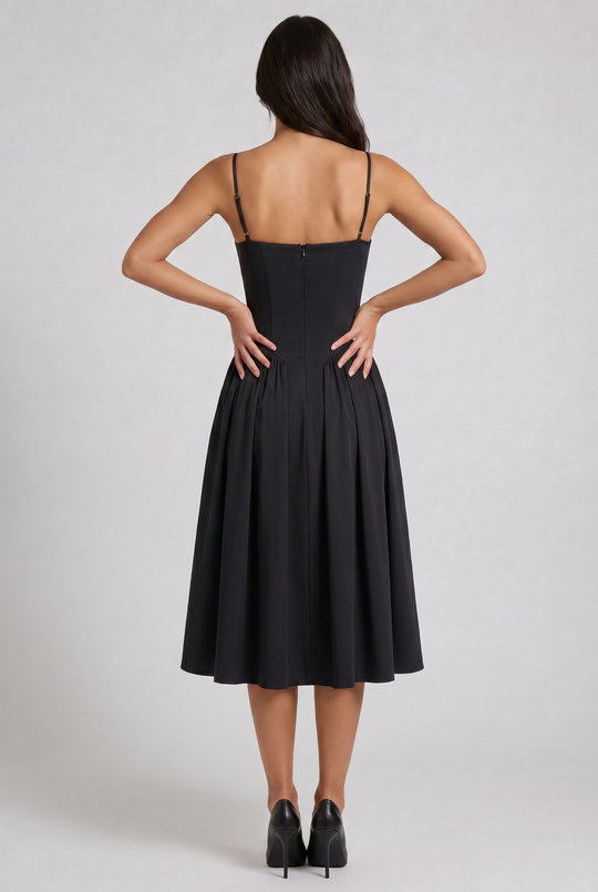 Women's Sweetheart Neck Midi Dress with Fitted Bodice for Elegant Occasions