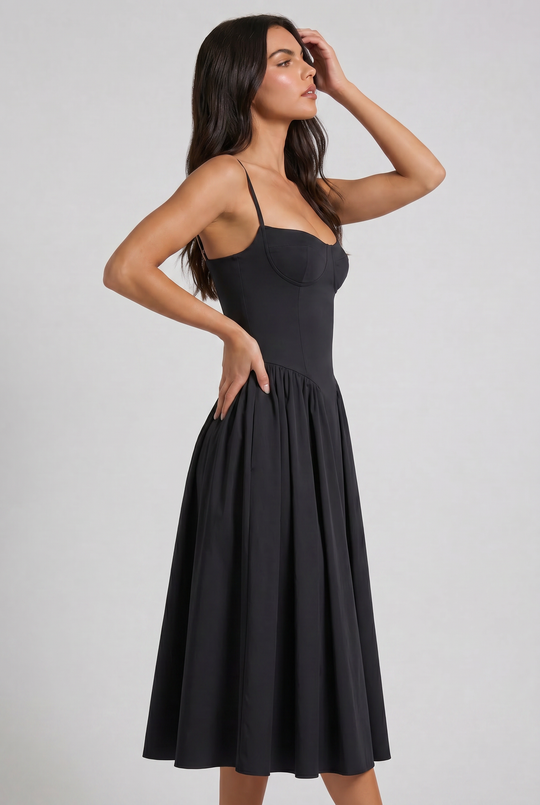 Women's Sweetheart Neck Midi Dress with Fitted Bodice for Elegant Occasions