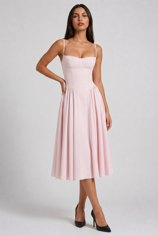 Women's Sweetheart Neck Midi Dress with Fitted Bodice for Elegant Occasions
