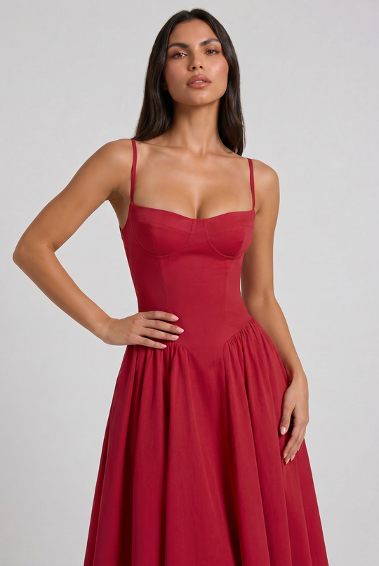 Women's Sweetheart Neck Midi Dress with Fitted Bodice for Elegant Occasions