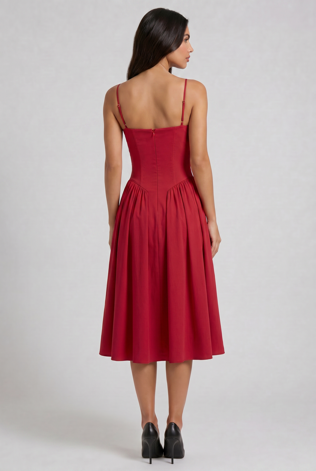 Women's Sweetheart Neck Midi Dress with Fitted Bodice for Elegant Occasions