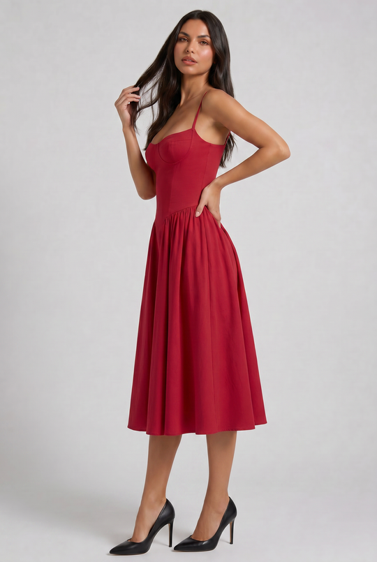 Women's Sweetheart Neck Midi Dress with Fitted Bodice for Elegant Occasions