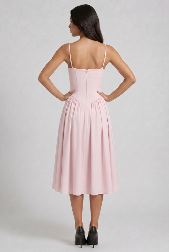 Women's Sweetheart Neck Midi Dress with Fitted Bodice for Elegant Occasions