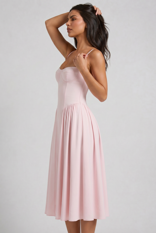 Women's Sweetheart Neck Midi Dress with Fitted Bodice for Elegant Occasions
