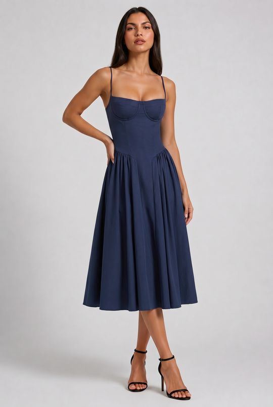 Women's Sweetheart Neck Midi Dress with Fitted Bodice for Elegant Occasions