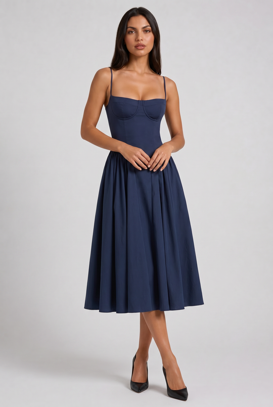 Women's Sweetheart Neck Midi Dress with Fitted Bodice for Elegant Occasions