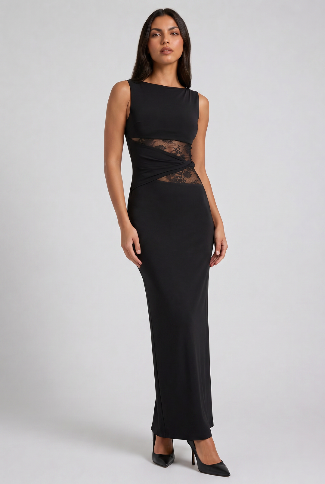 Women's Sleeveless Maxi Dress with Lace Cutout Waist for Evening Occasions