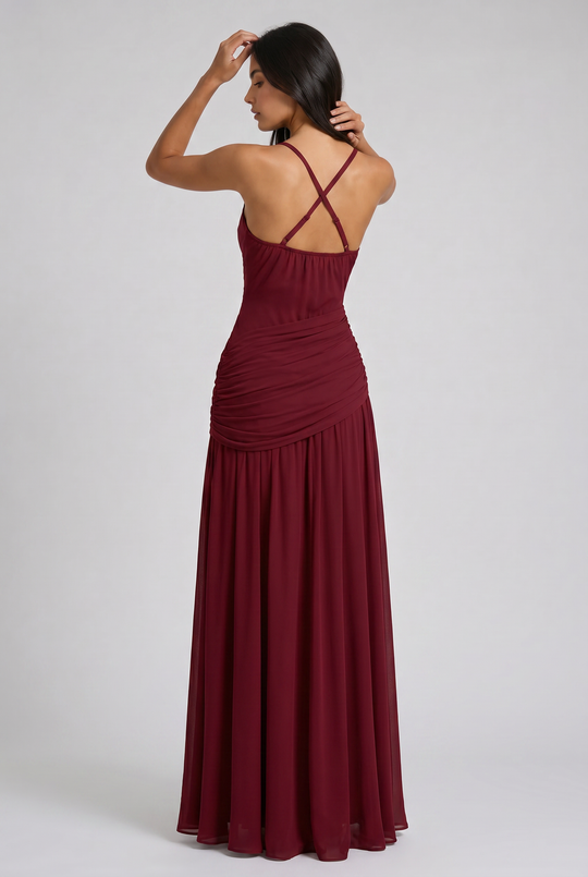 Women's Ruched Maxi Dress with Spaghetti Straps for Evening Occasions
