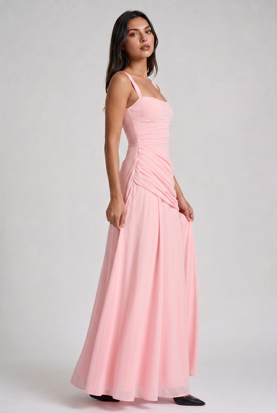 Women's Ruched Maxi Dress with Spaghetti Straps for Evening Occasions
