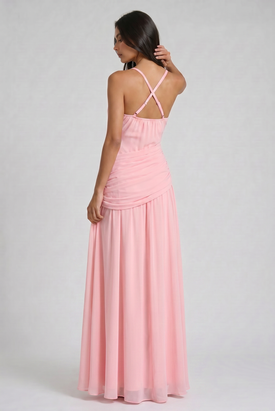 Women's Ruched Maxi Dress with Spaghetti Straps for Evening Occasions