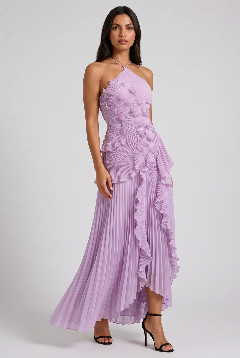 Women's Pleated Halter Midi Dress with Cascading Ruffle Trim for Special Occasions