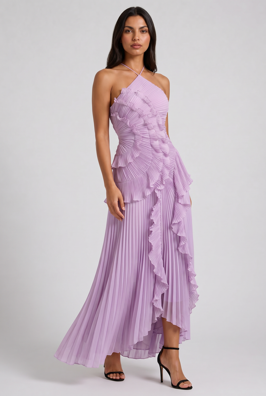 Women's Pleated Halter Midi Dress with Cascading Ruffle Trim for Special Occasions