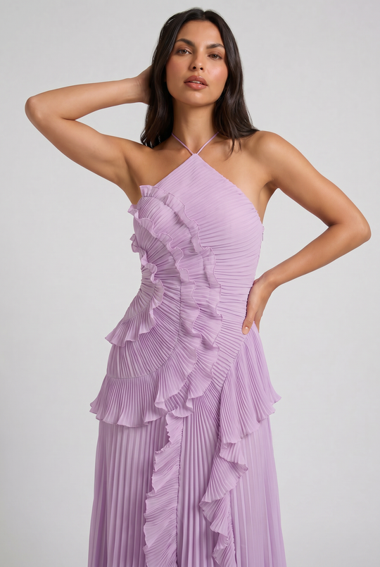 Women's Pleated Halter Midi Dress with Cascading Ruffle Trim for Special Occasions
