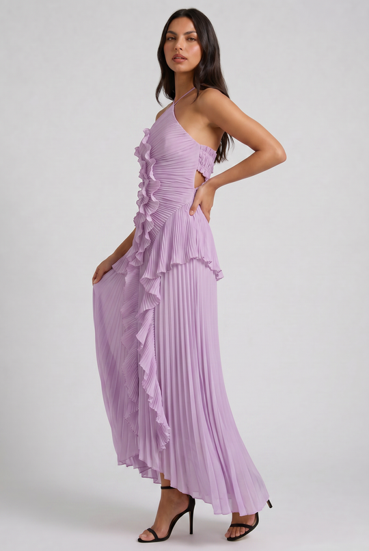Women's Pleated Halter Midi Dress with Cascading Ruffle Trim for Special Occasions