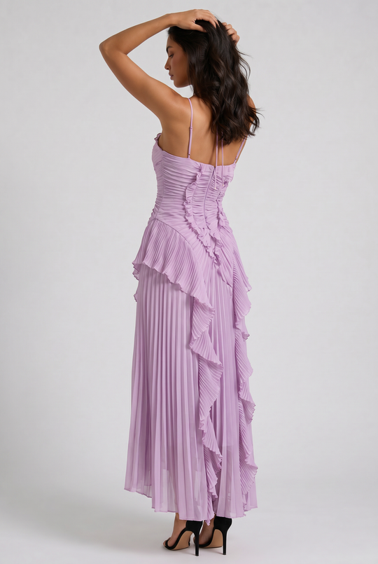 Women's Pleated Halter Midi Dress with Cascading Ruffle Trim for Special Occasions