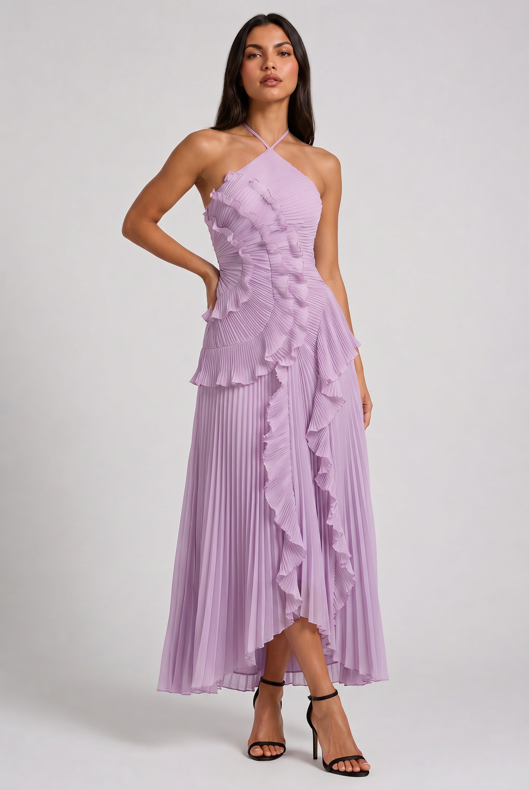 Women's Pleated Halter Midi Dress with Cascading Ruffle Trim for Special Occasions