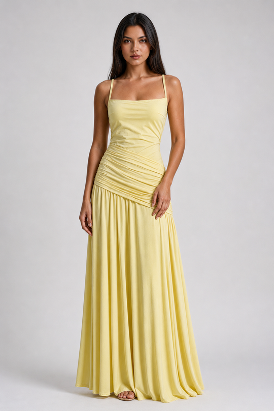 Women's Ruched Maxi Dress with Spaghetti Straps for Evening Occasions