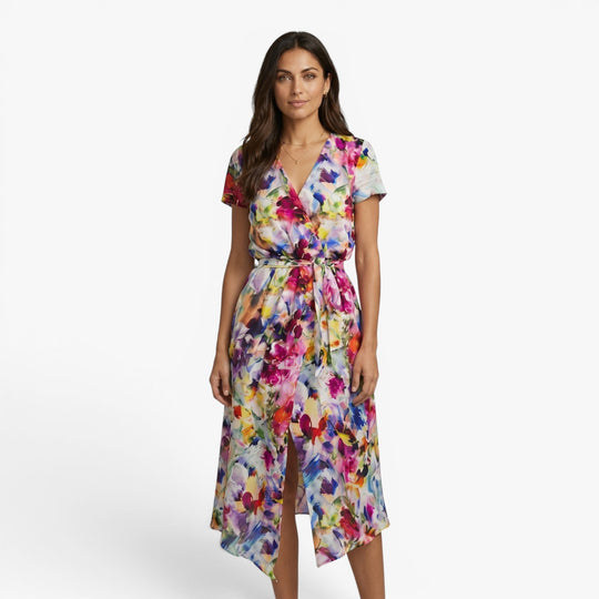 Women's Watercolor Print Wrap Maxi Dress with Waist Tie