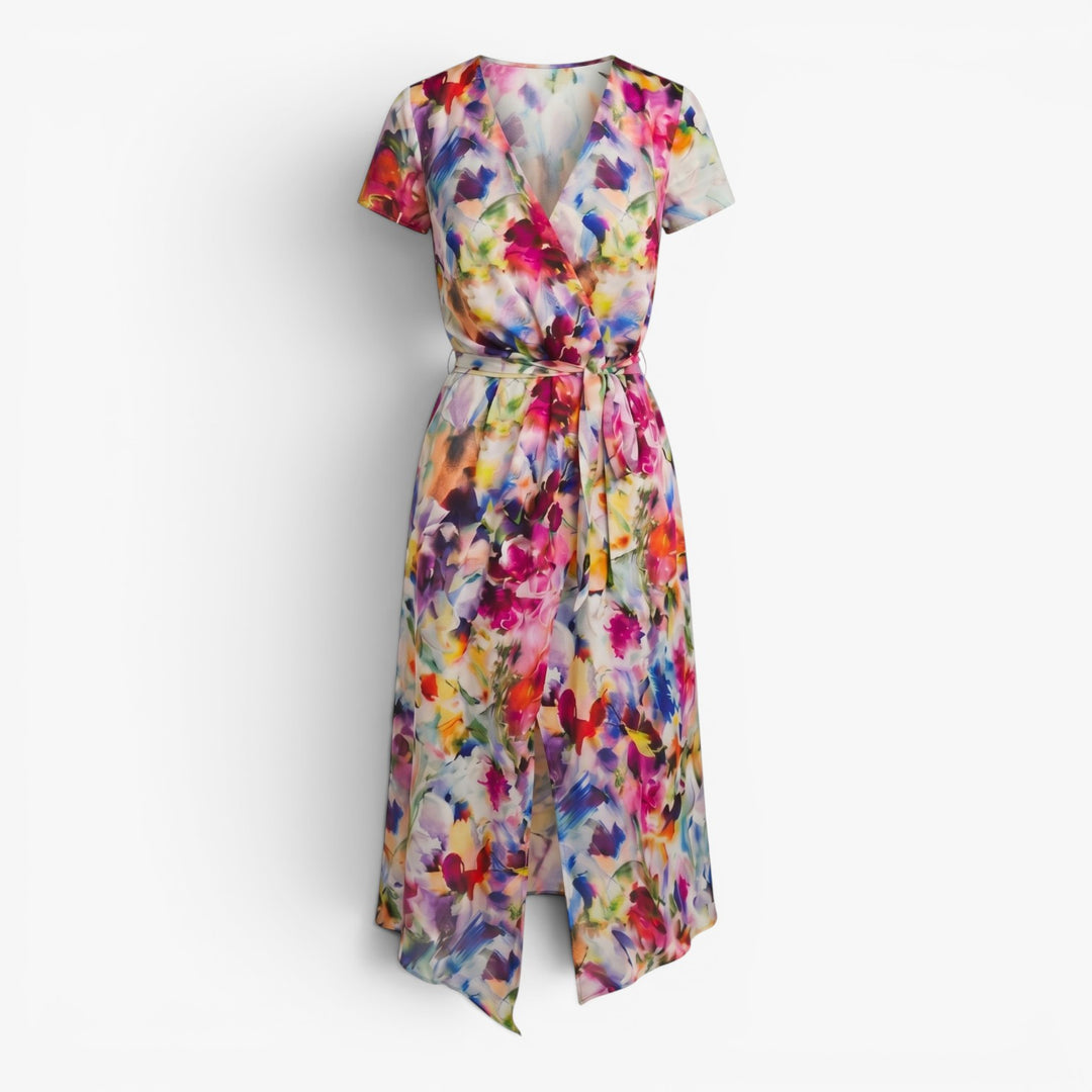 Women's Watercolor Print Wrap Maxi Dress with Waist Tie