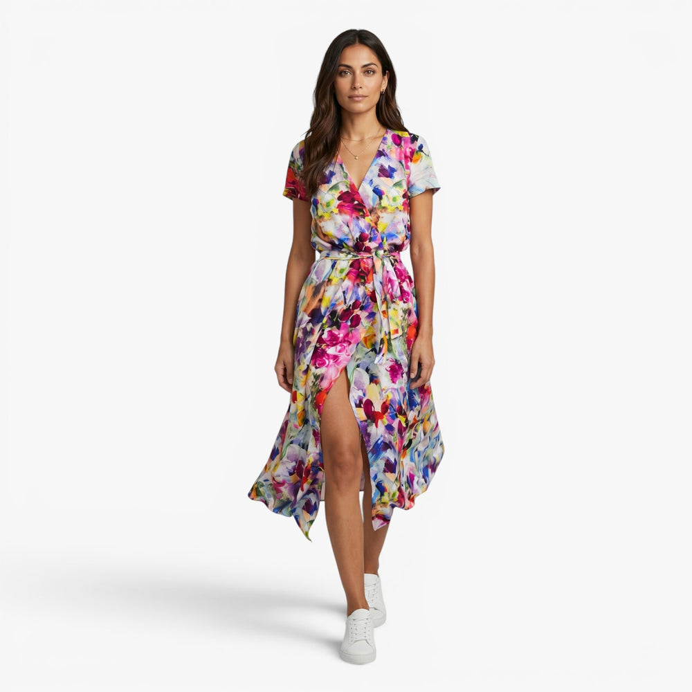Women's Watercolor Print Wrap Maxi Dress with Waist Tie