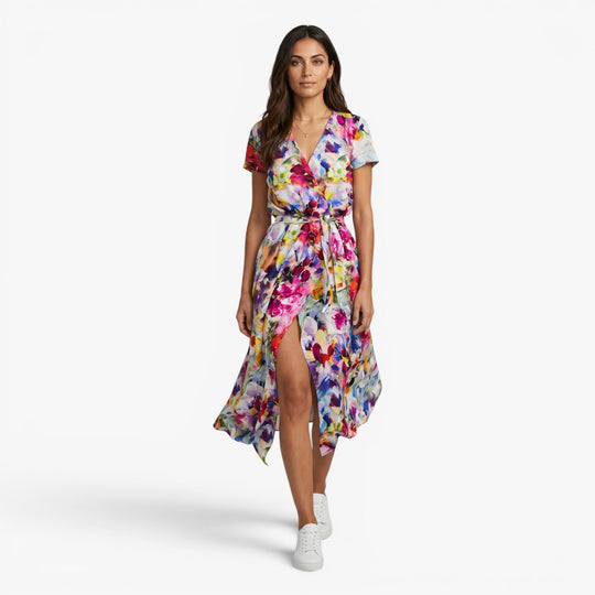 Women's Watercolor Print Wrap Maxi Dress with Waist Tie