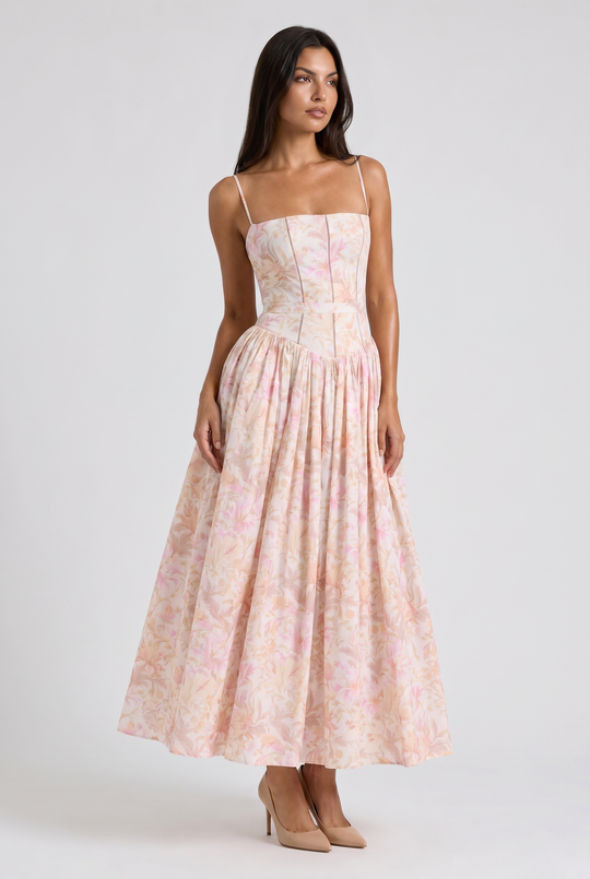 Women's Floral Corset Midi Dress with Gathered Skirt