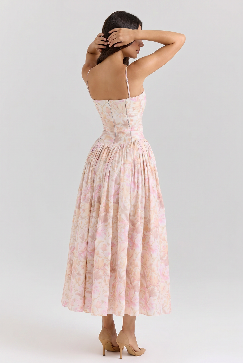 Women's Floral Corset Midi Dress with Gathered Skirt