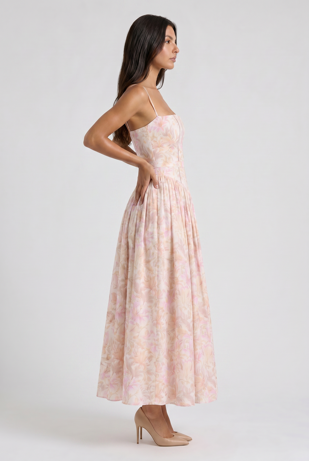 Women's Floral Corset Midi Dress with Gathered Skirt