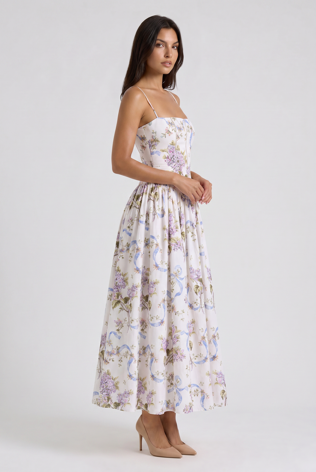 Women's Floral Corset Midi Dress with Gathered Skirt
