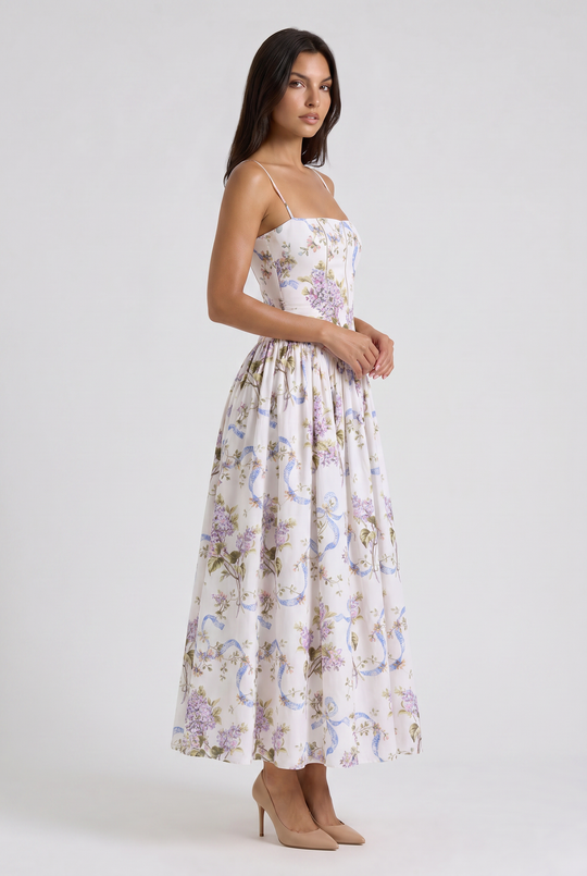 Women's Floral Corset Midi Dress with Gathered Skirt