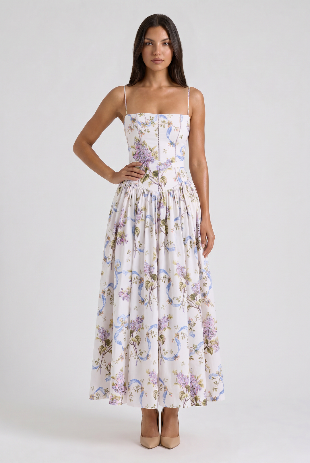 Women's Floral Corset Midi Dress with Gathered Skirt